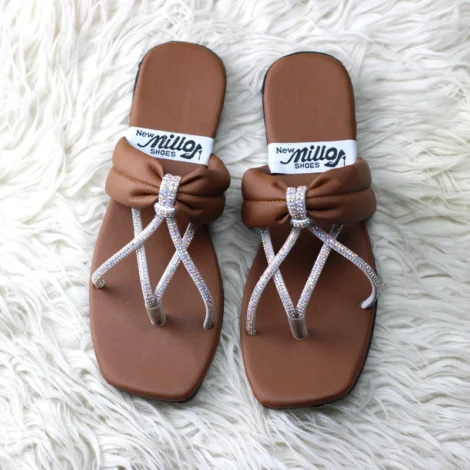 Luxury Rhinestone Bow Flats – Elegant Brown Festive Slides for Women