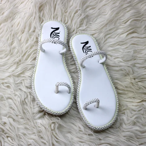 White Pearl Embellished Toe-Ring Flats – Elegant Summer Collection