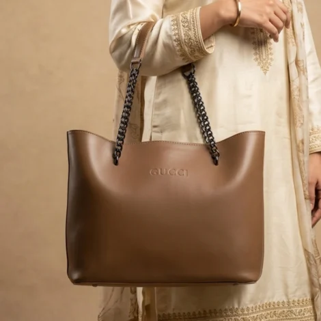 Elegant Coffee Brown Vegan Leather Tote with Gunmetal Chain Straps