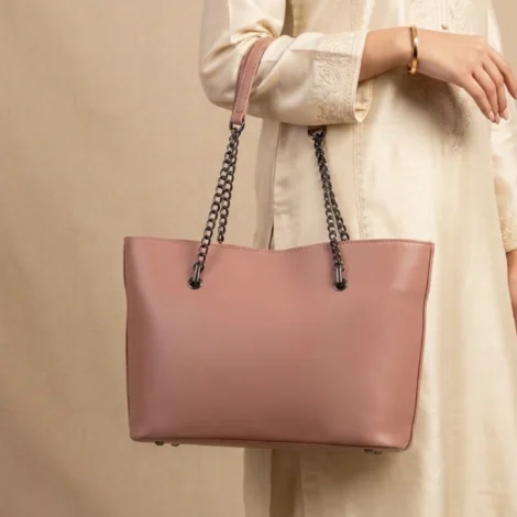 Chic Dusty Rose Vegan Leather Tote with Gunmetal Chain Straps